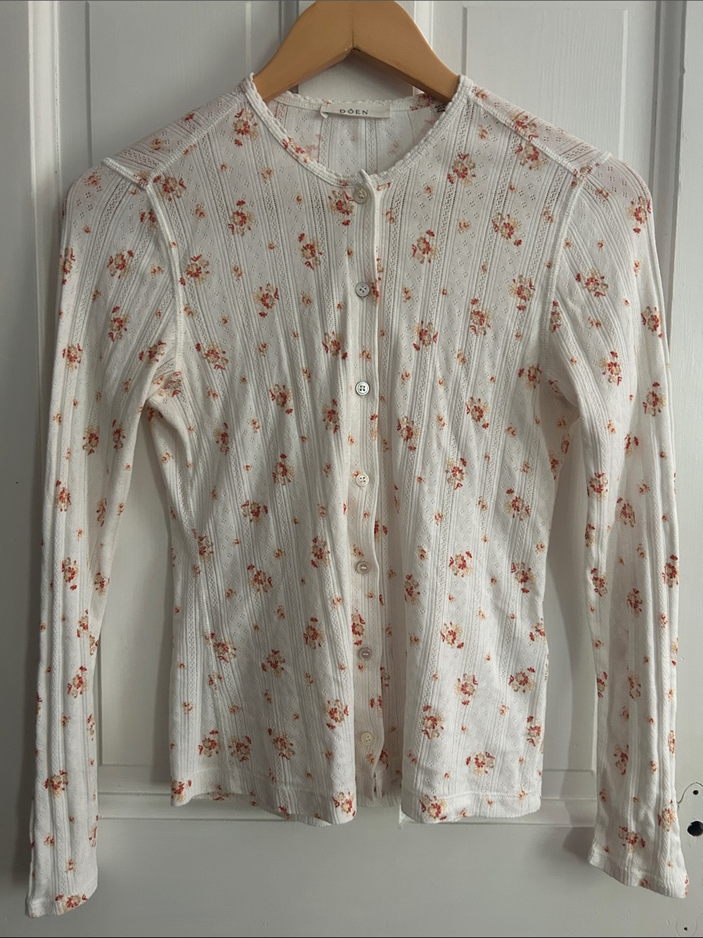 DÔEN White Ribbed Button-Up Pointelle Top with Ditsy Floral Print